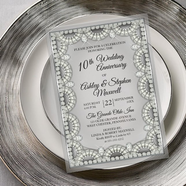 Silver and Diamond Party zum 10. Hochzeitstag Acryleinladungen (Elegant Silver-Tone and Diamond 10th Wedding Anniversary Party Acrylic Invitations)