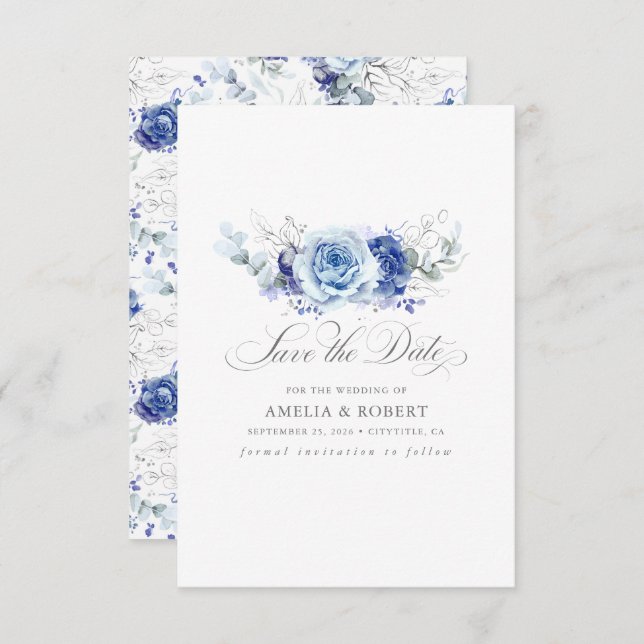 Silver and Dusty Blue Floral Save the Date (Vorne/Hinten)