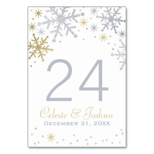 Silver and Gold Snowflakes Wedding Monogram Tischnummer