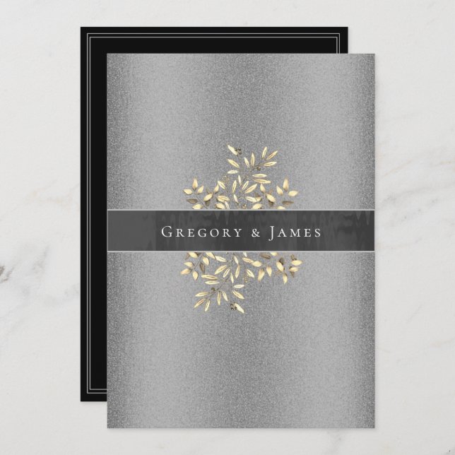 Silver and Gray Botanical Satin Ribbon Gay Wedding Einladung (Vorne/Hinten)