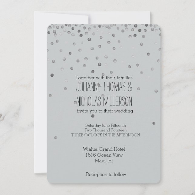 Silver and Gray Confetti Dots Wedding Einladung (Vorderseite)