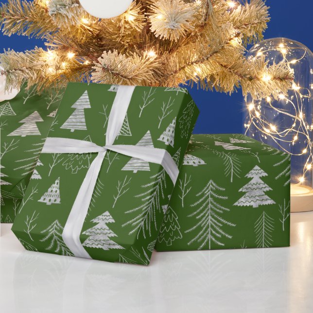 Silver and Green Christmas Tree Forest Pattern Geschenkpapier (Feiertage)