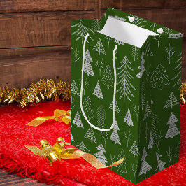 Silver and Green Christmas Tree Forest Pattern Mittlere Geschenktüte