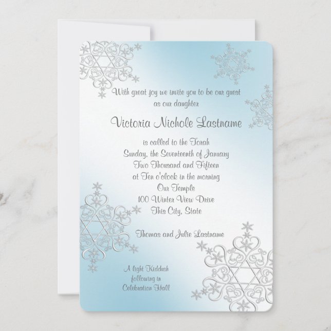 Silver and Ice Blue Snowflakes Bat Mitzvah Einladung (Vorderseite)