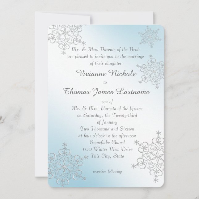 Silver and Ice Blue Snowflakes Wedding Einladung (Vorderseite)