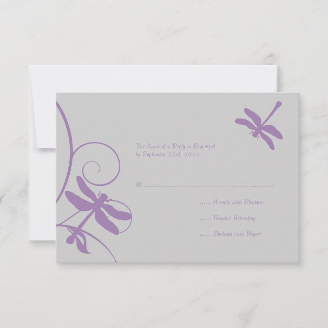 Silver and Lavender Dragonfly Wedding RSVP Karte (Vorderseite)