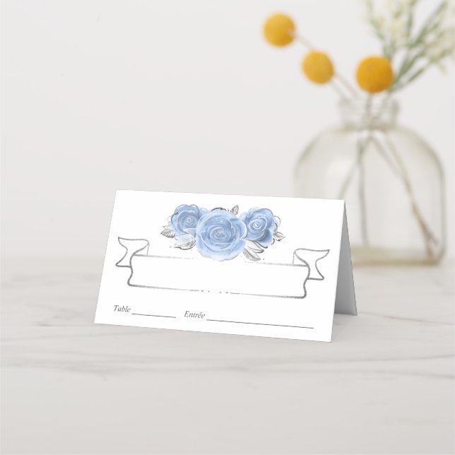 Silver and Light Baby Blue Rose Elegant Platzkarte (Vorderseite)