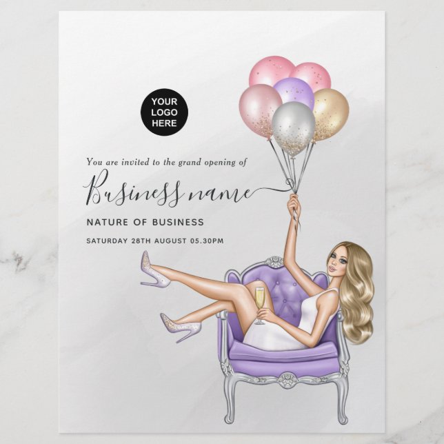 Silver and Lila Balloon Party Girl Grand Opening Flyer (Vorne)