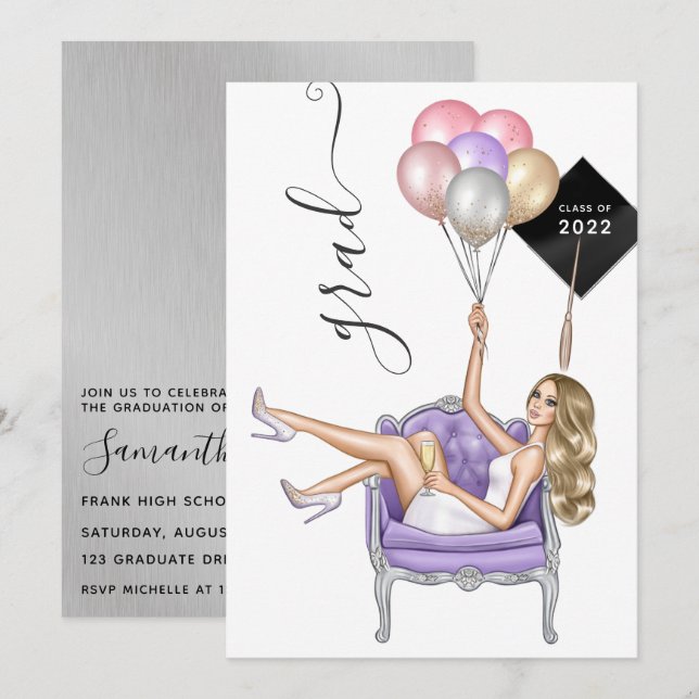 Silver and Lila Blonde Balloon Girl Abschluss Einladung (Vorne/Hinten)