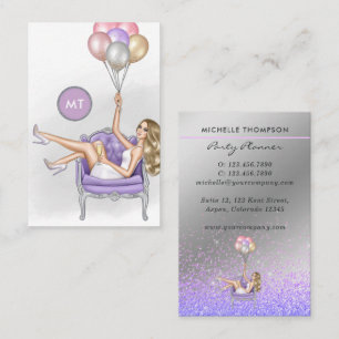 Silver and Lila Monogram Balloon Party Girl Visitenkarte