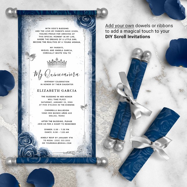 Silver and Navy Blue Quince DIY Scroll Einladungen (DIY scrolls do not come with dowels. Add your own or roll up with a ribbon for an elegant touch!)