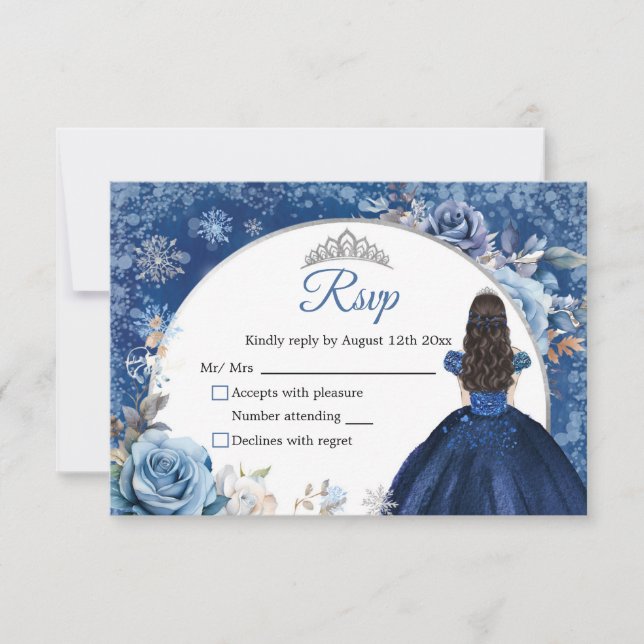 Silver and Navy Blue Winter Snowflake Quinceanera RSVP Karte (Vorderseite)