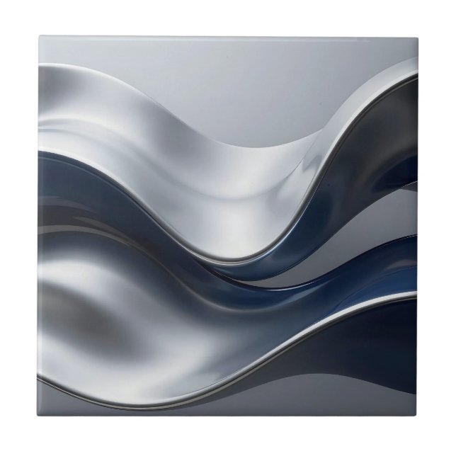 Silver And Navy Fluid Waves Abstract Modern Design Fliese (Vorderseite)
