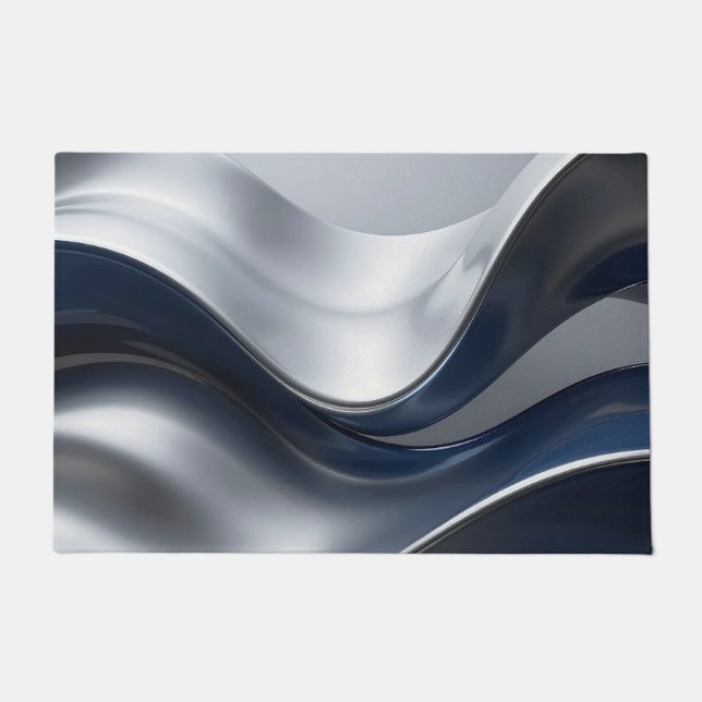 Silver And Navy Fluid Waves Abstract Modern Design Fußmatte (Vorderseite)