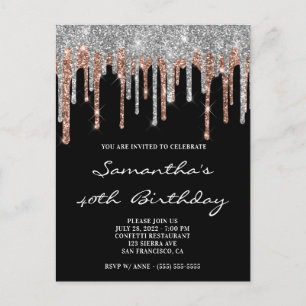 Silver and Rose Gold Glitzer Tropfen Black Birthda Postkarte