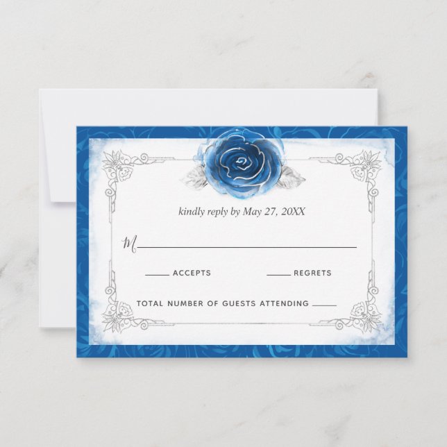 Silver and Royal Blue Rose Elegant RSVP Karte (Vorderseite)