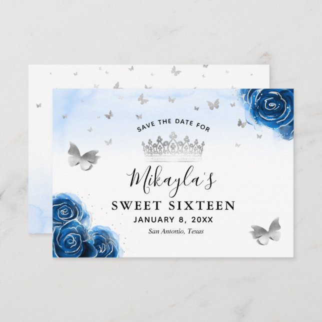 Silver and Royal Blue Rose Elegant Save the Date (Vorne/Hinten)