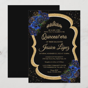 Silver and Royal Blue Rose Elegante Quinceanera Einladung