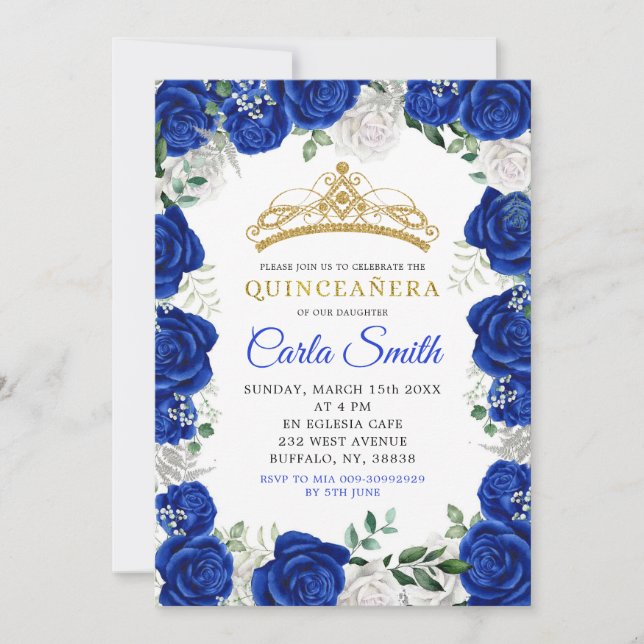 Silver and Royal Blue Rose Quinceañera Einladung (Vorderseite)