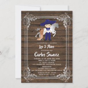 Silver and Royal Blue Wood Charro Dritter Geburtst Einladung
