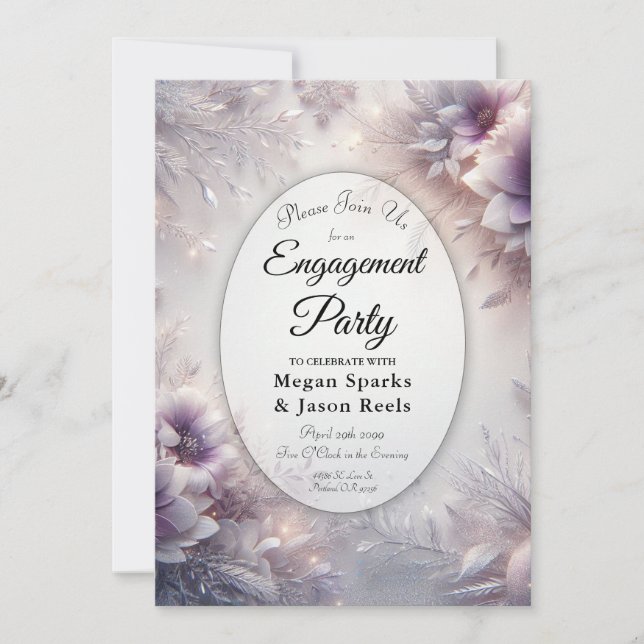 Silver and Soft Amethyst Winter Engagement Party Einladung (Vorderseite)