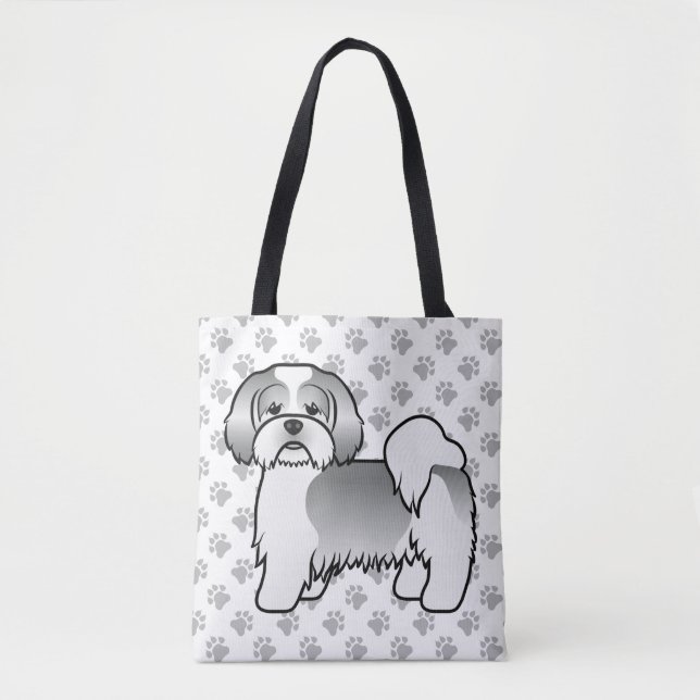 Silver and White Lhasa Apso Cartoon Dog & Paws (Vorderseite)
