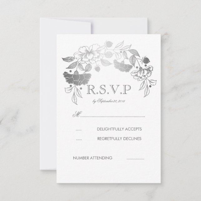 Silver and White Peonies Laurel Wedding RSVP Cards (Vorderseite)