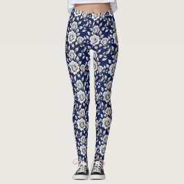 Silver And White Roses Leggings