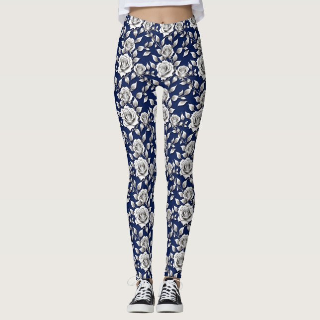 Silver And White Roses Leggings (Vorderseite)