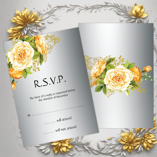 Silver and Yellow Roses Wedding RSVP Einladung (Von Creator hochgeladen)