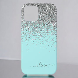 Silver Aqua Aquamarin Blue Girl Glitzer Monogram C Case-Mate iPhone Hülle