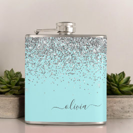 Silver Aqua Aquamarin Blue Girl Glitzer Monogram Flachmann