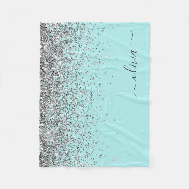 Silver Aqua Aquamarin Blue Girl Glitzer Monogram Fleecedecke (Vorderseite)