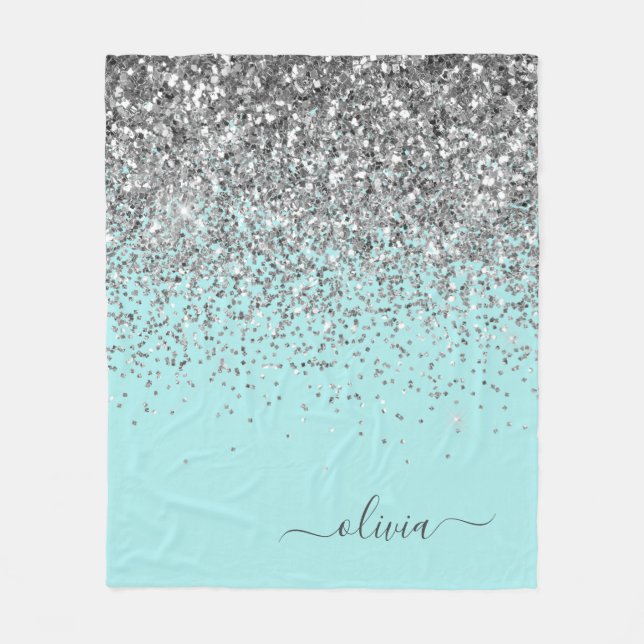 Silver Aqua Aquamarin Blue Girl Glitzer Monogram Fleecedecke (Vorderseite)