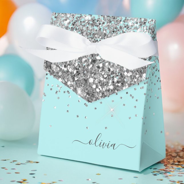 Silver Aqua Aquamarin Blue Girl Glitzer Monogram Geschenkschachtel (Von Creator hochgeladen)