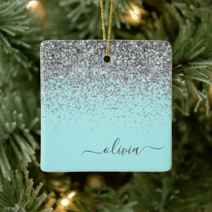 Silver Aqua Aquamarin Blue Girl Glitzer Monogram Keramikornament