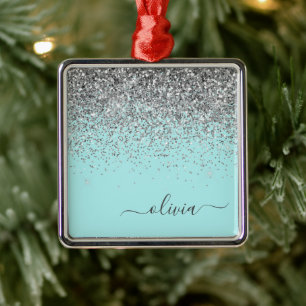 Silver Aqua Aquamarin Blue Girl Glitzer Monogram Ornament Aus Metall