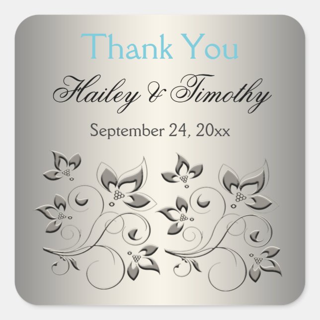 Silver, Aqua, Black Floral Danke, Sticker (Vorderseite)