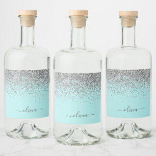Silver Aqua Blue Aquamarin Glitzer Monogram Alkoholflaschenetikett