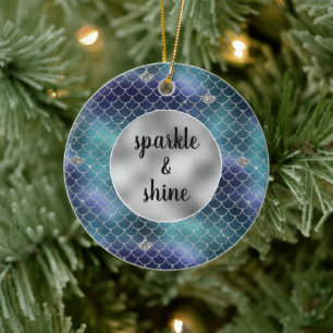 Silver Aqua Blue Mermaid Glitz Keramik Ornament