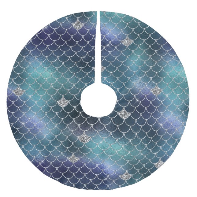 Silver Aqua Blue Mermaid Polyester Weihnachtsbaumdecke (Vorderseite)