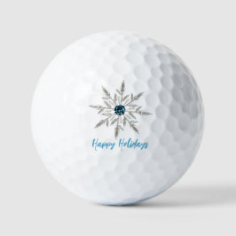 Silver Aqua Crystal Snowflake Happy Holidays Golfball