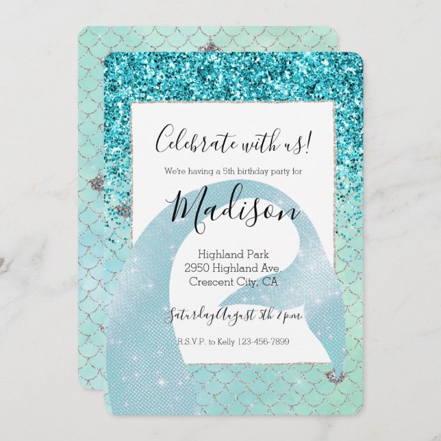 Silver Aqua Glitzer Mermaid Watercolor Einladung (Vorne/Hinten)