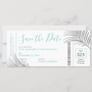 Silver Aqua Palm Tree Boarding Pass Rett Date Card Ankündigung