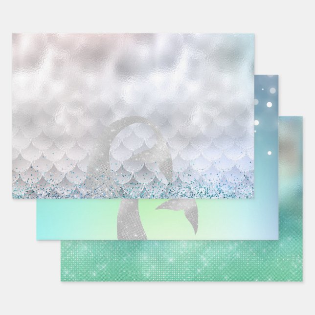 Silver Aqua Pink Lila Glitzer Sparkle Meerjungfrau Geschenkpapier Set (Set)