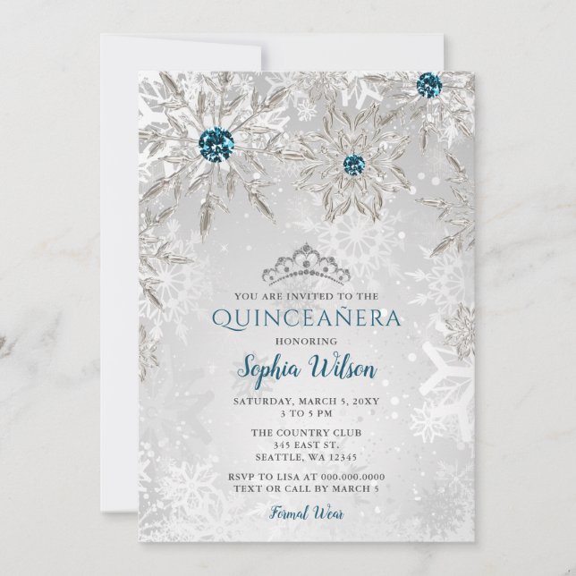 Silver Aqua Snowflakes Tiara Quinceañera Einladung (Vorderseite)