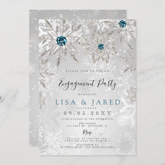 Silver Aqua Snowflakes Winter Engagement Party Einladung (Vorne/Hinten)