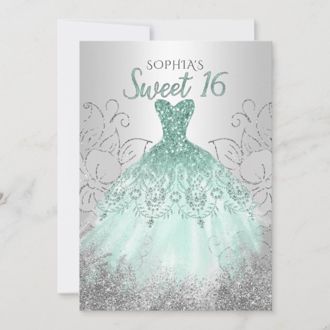 Silver Aqua Sparkle Dress Sweet 16 Geburtstag Einladung (Vorderseite)