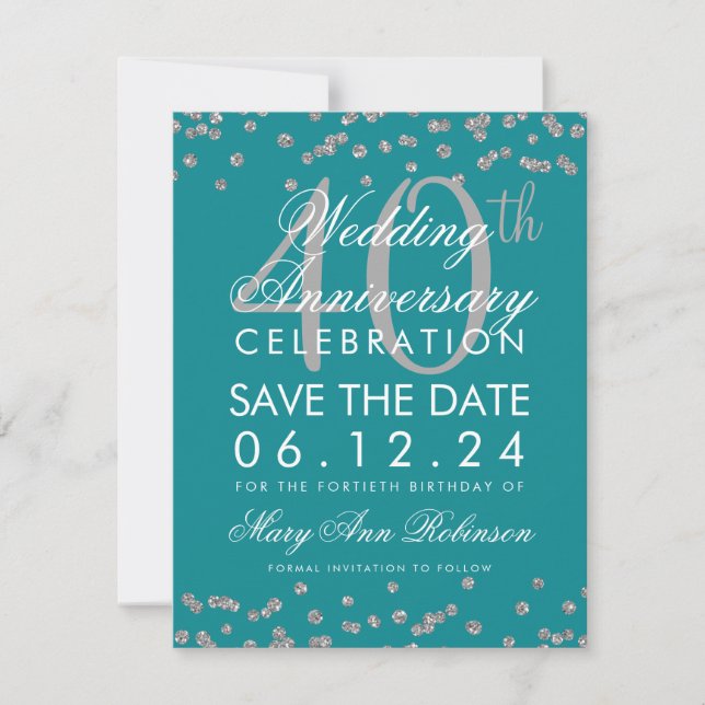 Silver Aquamarin 40. Wedding Jubiläum Confetti Save The Date (Vorderseite)