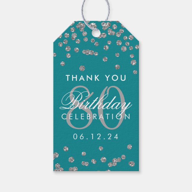 Silver Aquamarin 80 Geburtstag Danke, Glitzer Geschenkanhänger (Vorderseite)